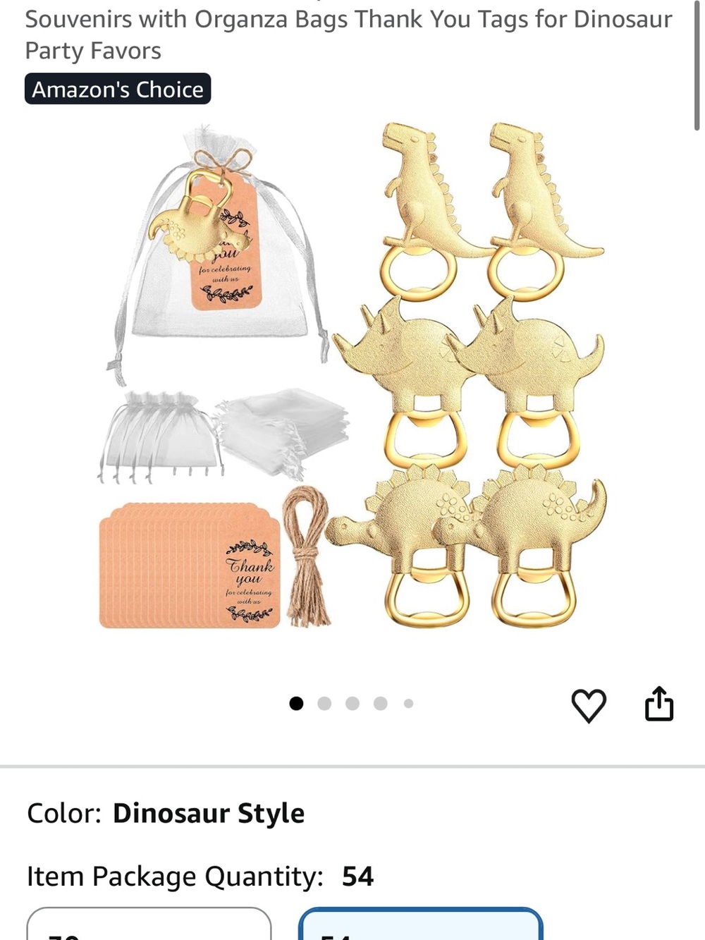 Gold Dinosaur Bottle Opener Party Favors with Organza Bags (54-Piece)